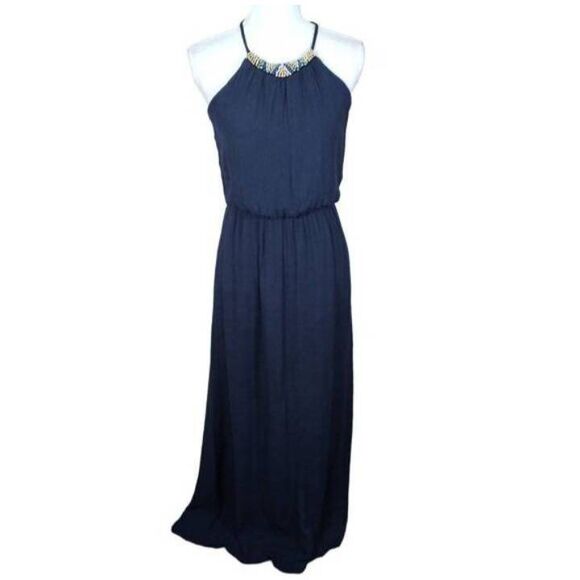 LILY ROSE NAVY MAXI DRESS W/ EMBELLISHED NECK SZ.S EUC. - Picture 2 of 8